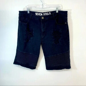 Black Demin Shorts Men 42 Distressed Stacked Moto Biker Stretch Inseam 11” //